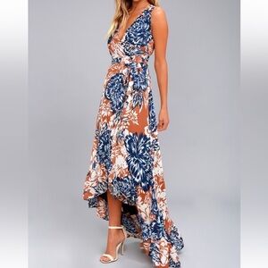 Lulus Desert Trip Rust Orange Floral Print High-Low Sleeveless Wrap Dress XS‌‌